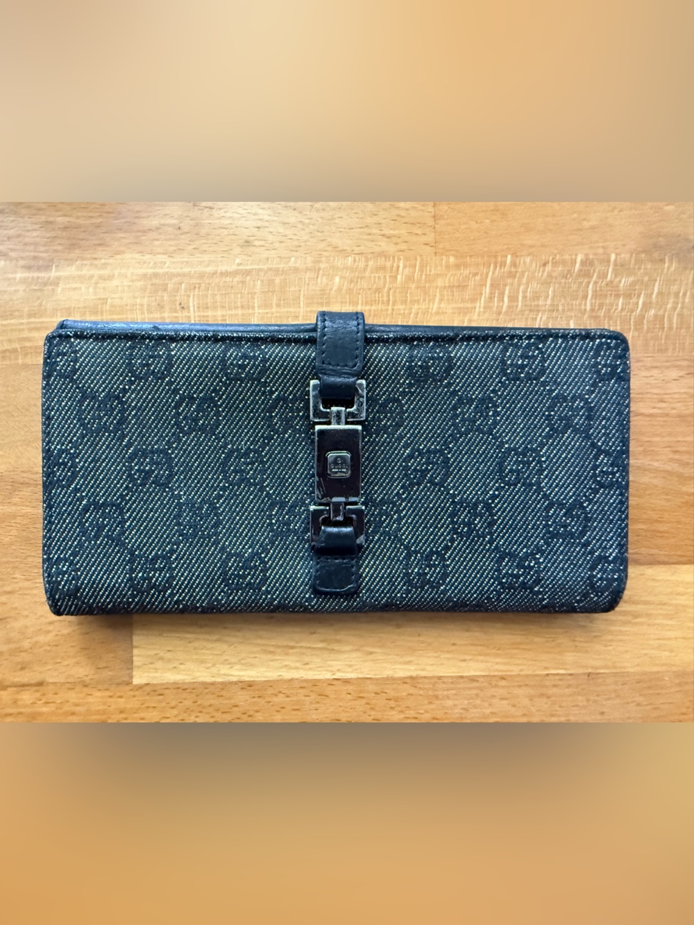 Vintage Gucci Black Denim & Leather Jackie Long Wallet with Pistol Closure